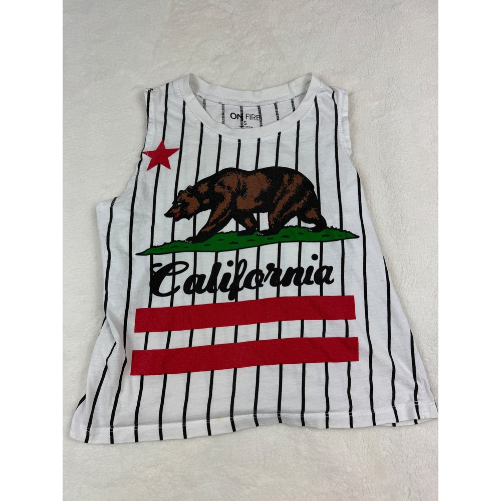 On Fire California Republic Graphic Muscle Tank Top White Pinstripe Small Cotton
